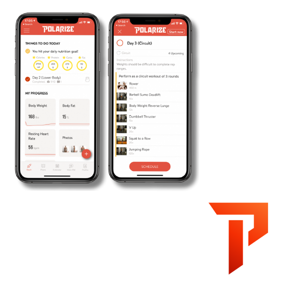 POLARIZE TRAIN app screenshots showing daily tasks and workout schedule